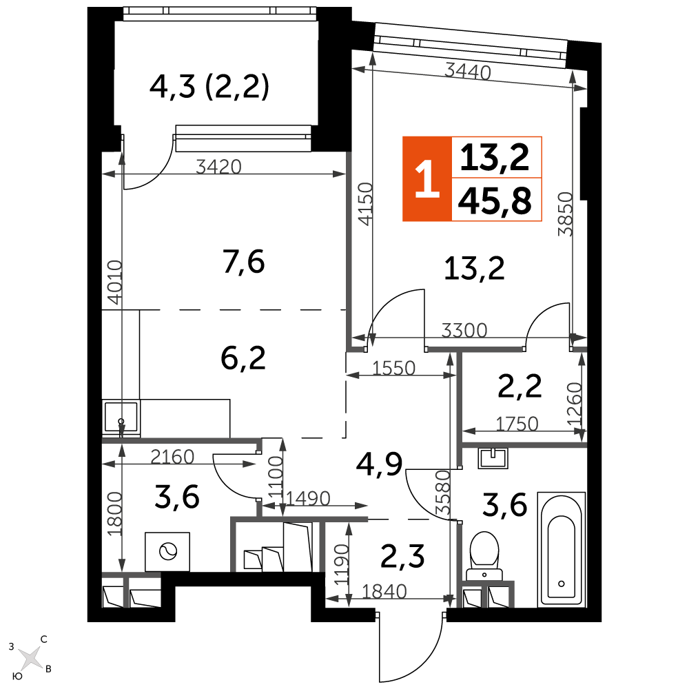 1 комн. квартира, 45.8 м², 28 этаж 