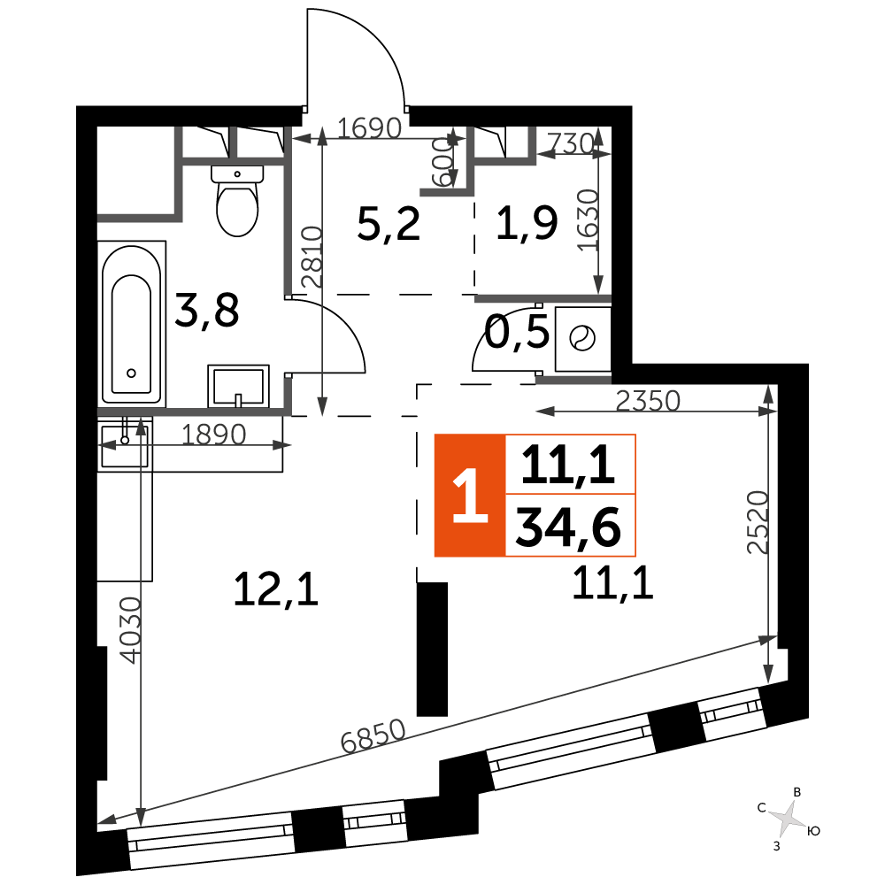 1 комн. квартира, 34.6 м², 23 этаж 