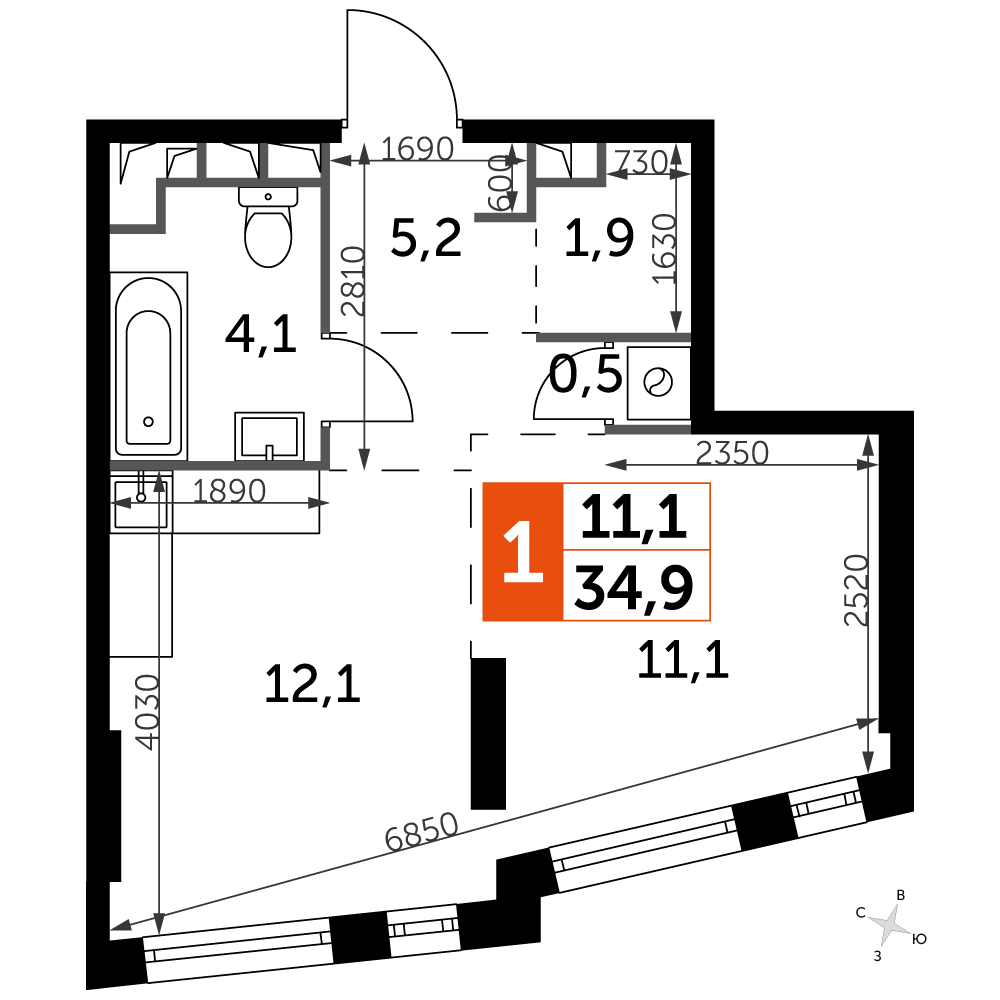 1 комн. квартира, 34.9 м², 14 этаж 
