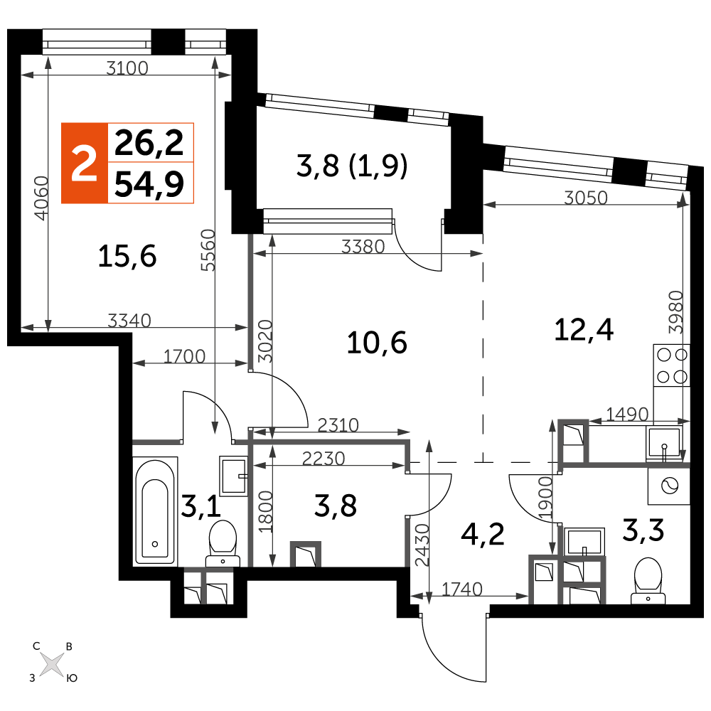 2 комн. квартира, 54.9 м², 5 этаж 