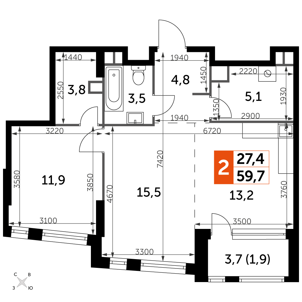 2 комн. квартира, 59.7 м², 9 этаж 