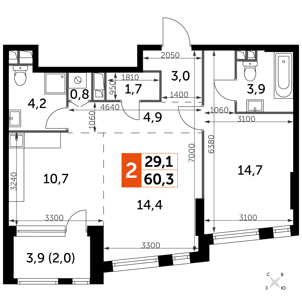 2 комн. квартира, 60.3 м², 12 этаж 
