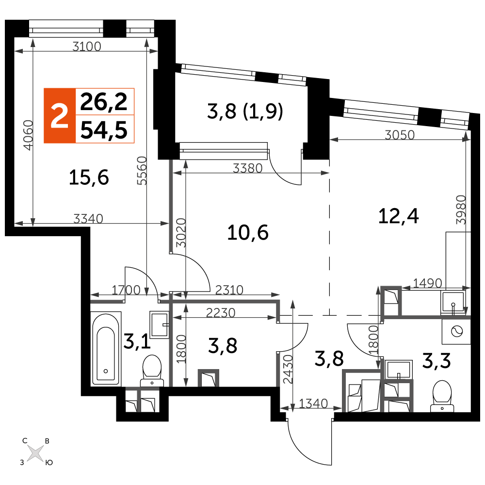 2 комн. квартира, 54.5 м², 22 этаж 