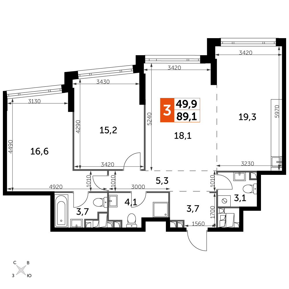 3 комн. квартира, 89.1 м², 28 этаж 