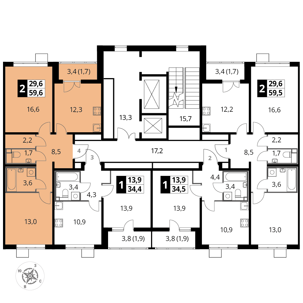 2 комн. квартира, 59.3 м², 15 этаж 