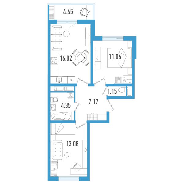 1 комн. квартира, 54.2 м², 4 этаж 