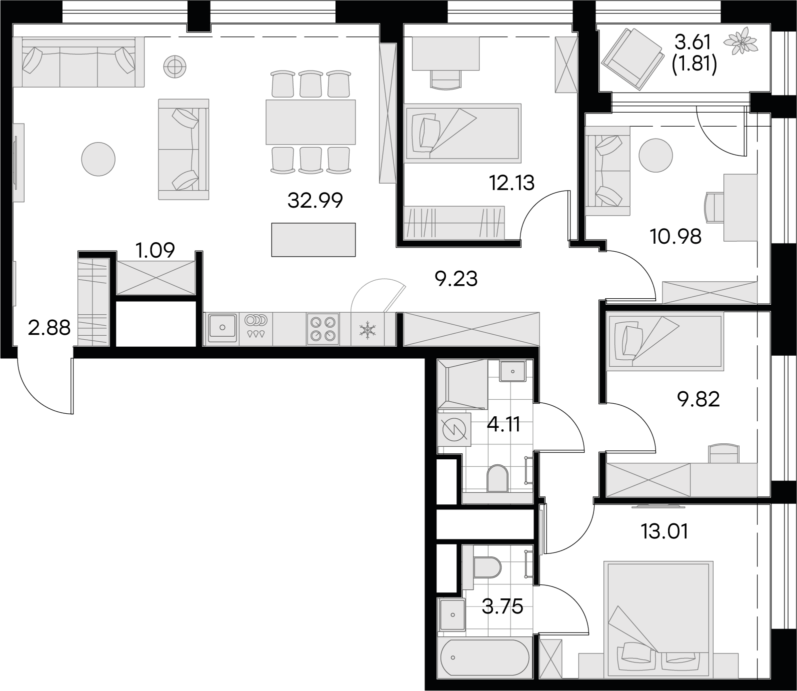 3 комн. квартира, 101.8 м², 16 этаж 