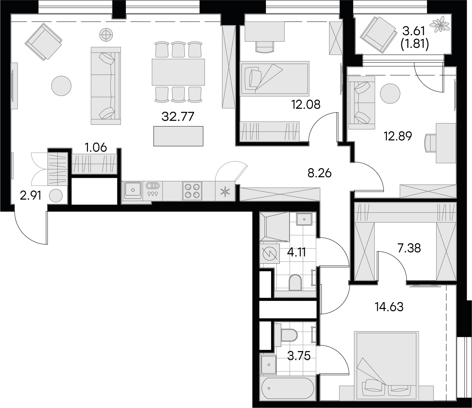 2 комн. квартира, 101.7 м², 5 этаж 