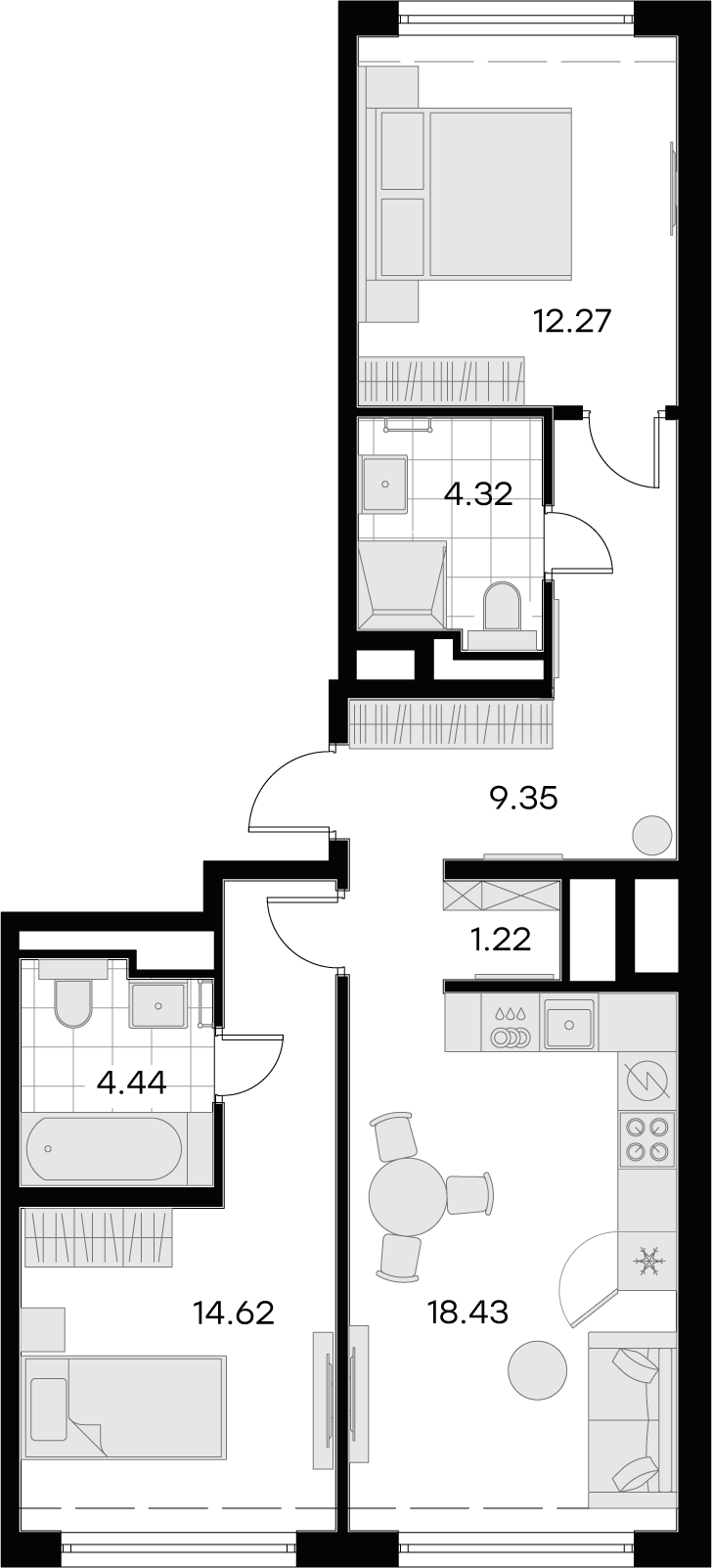 1 комн. квартира, 64.7 м², 3 этаж 