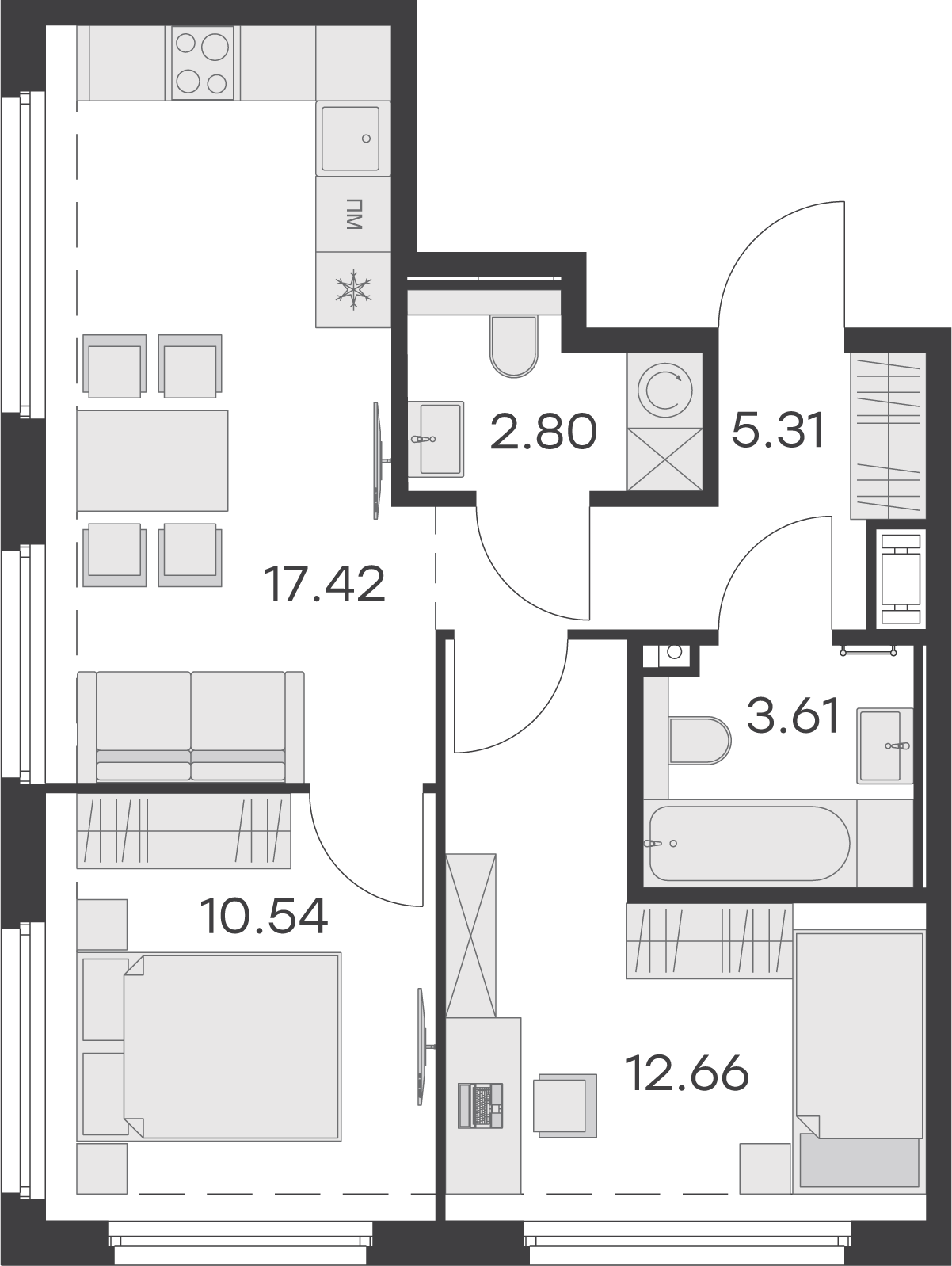1 комн. квартира, 52.3 м², 10 этаж 