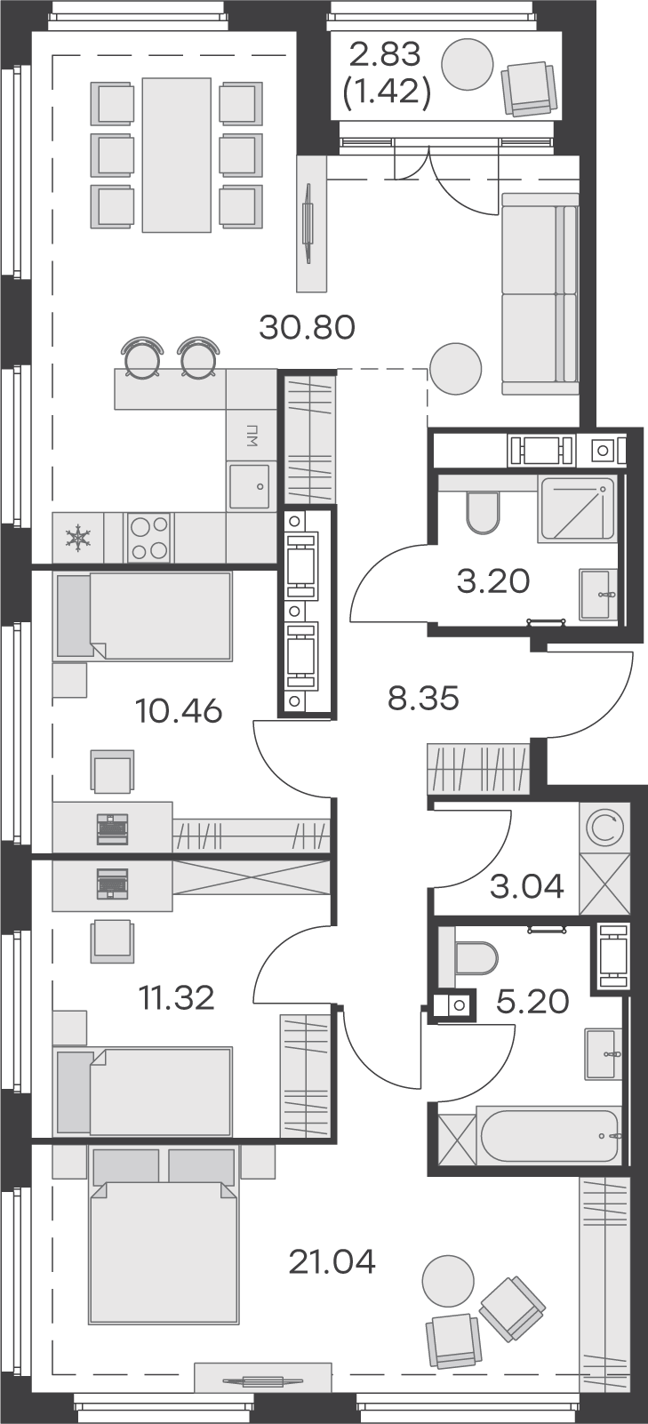 2 комн. квартира, 94.8 м², 16 этаж 