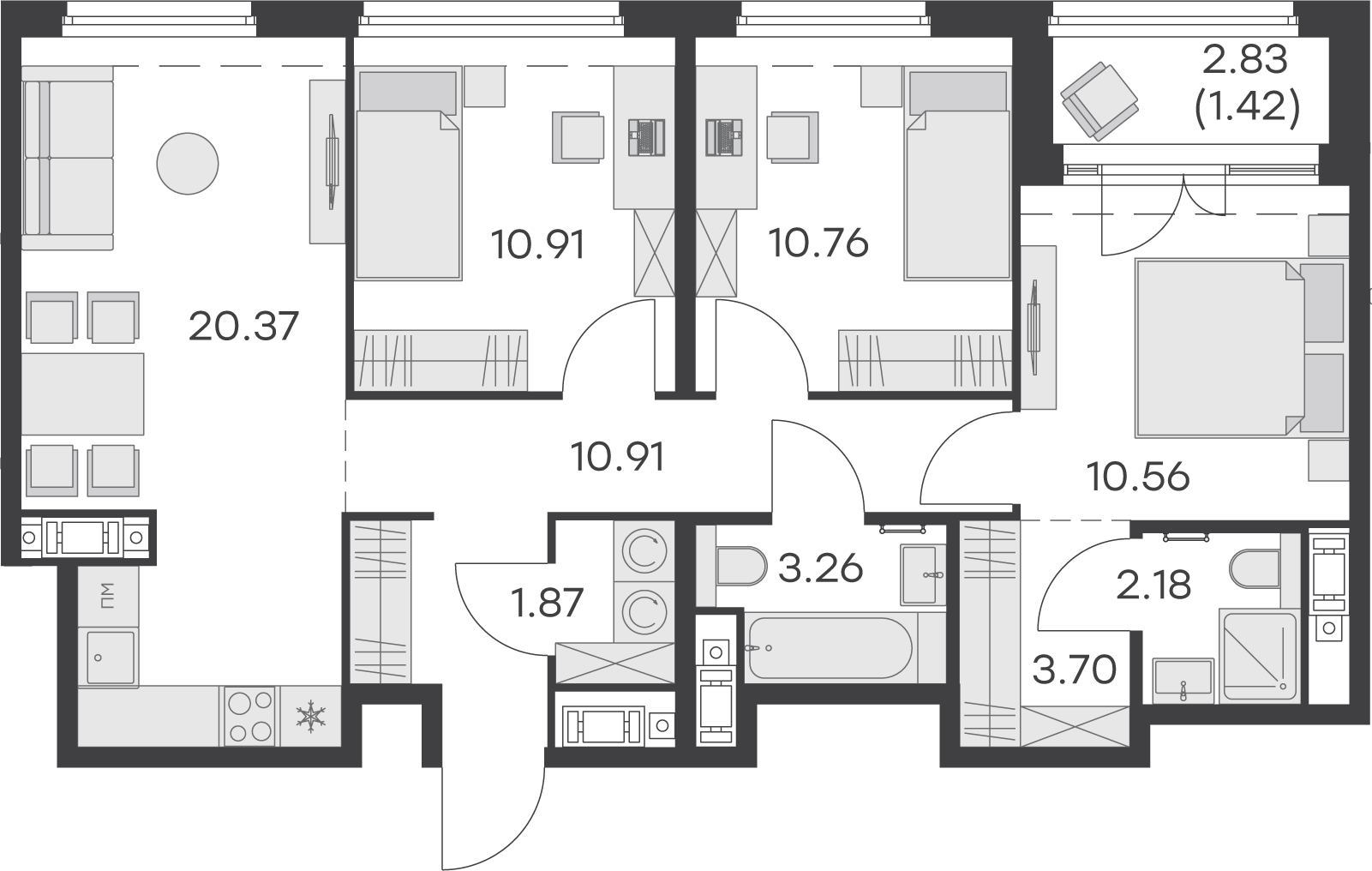 2 комн. квартира, 75.9 м², 16 этаж 