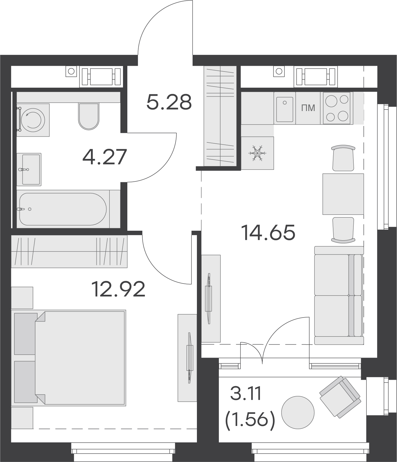 1 комн. квартира, 38.7 м², 6 этаж 