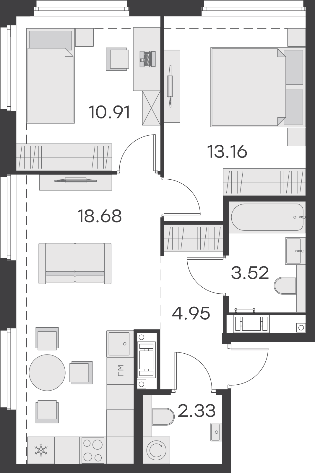 1 комн. квартира, 53.5 м², 12 этаж 
