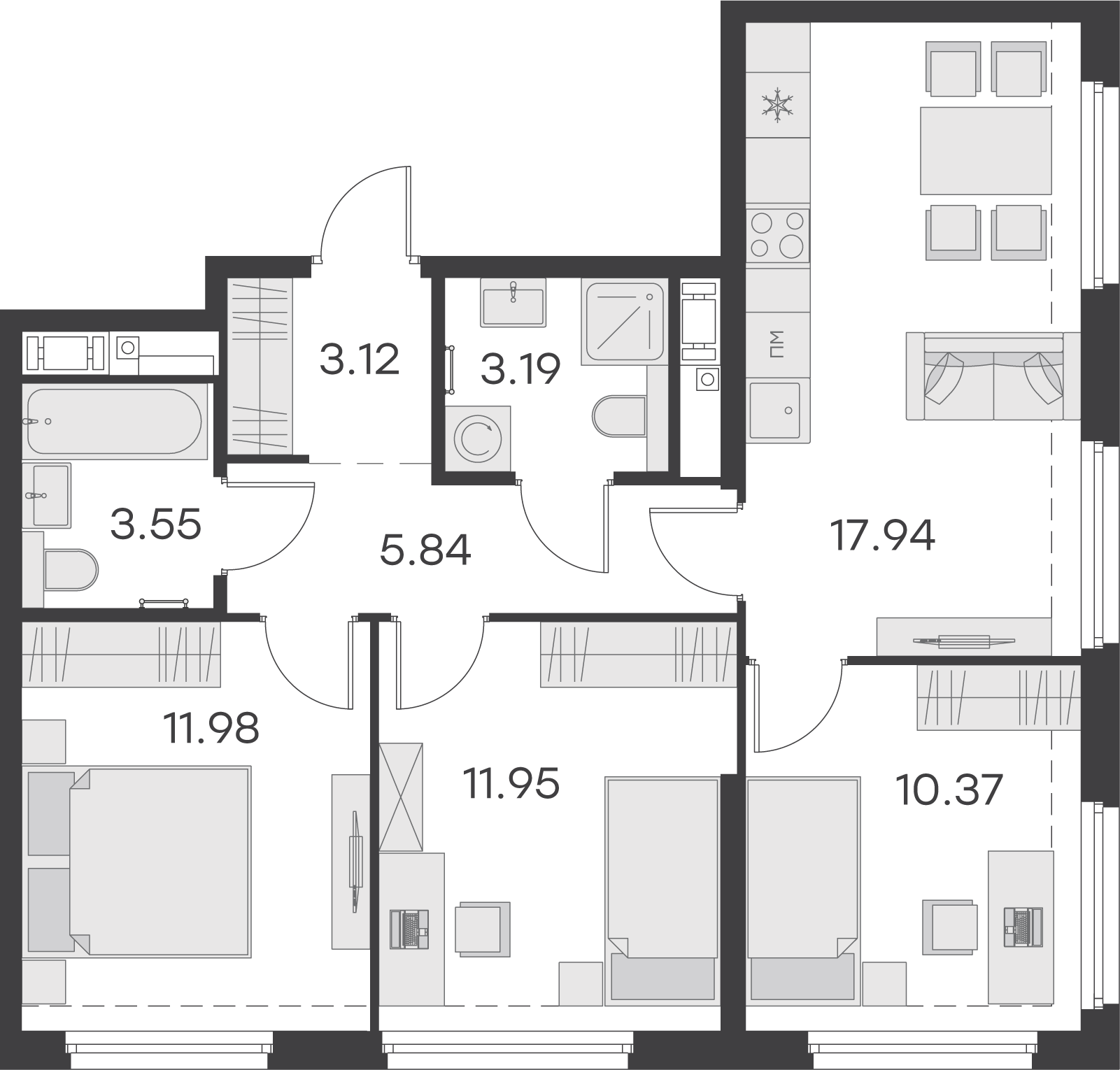 2 комн. квартира, 67.9 м², 12 этаж 