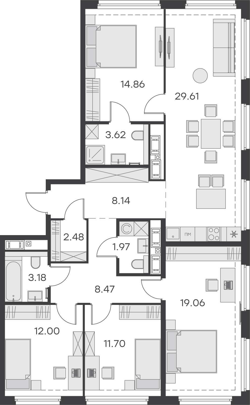 3 комн. квартира, 115.1 м², 14 этаж 