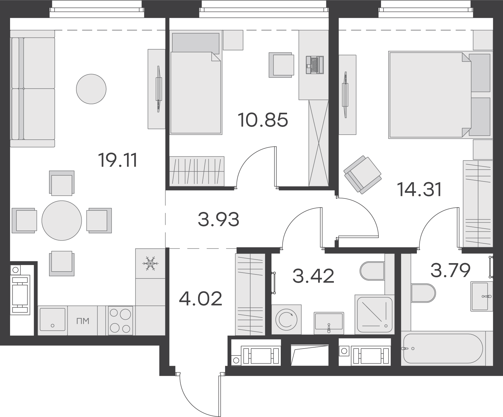 1 комн. квартира, 59.4 м², 16 этаж 