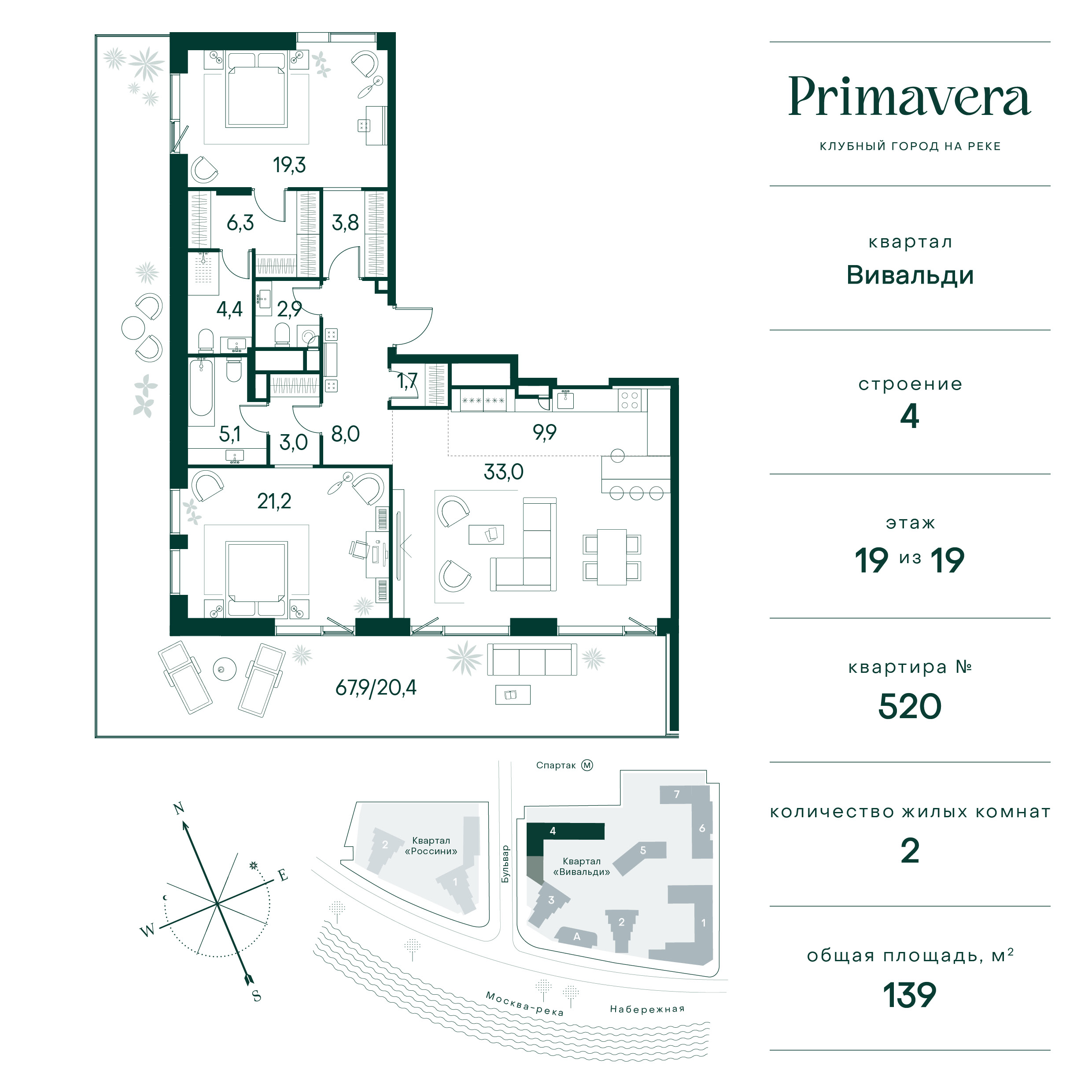 2 комн. квартира, 139 м², 19 этаж  (из 19)