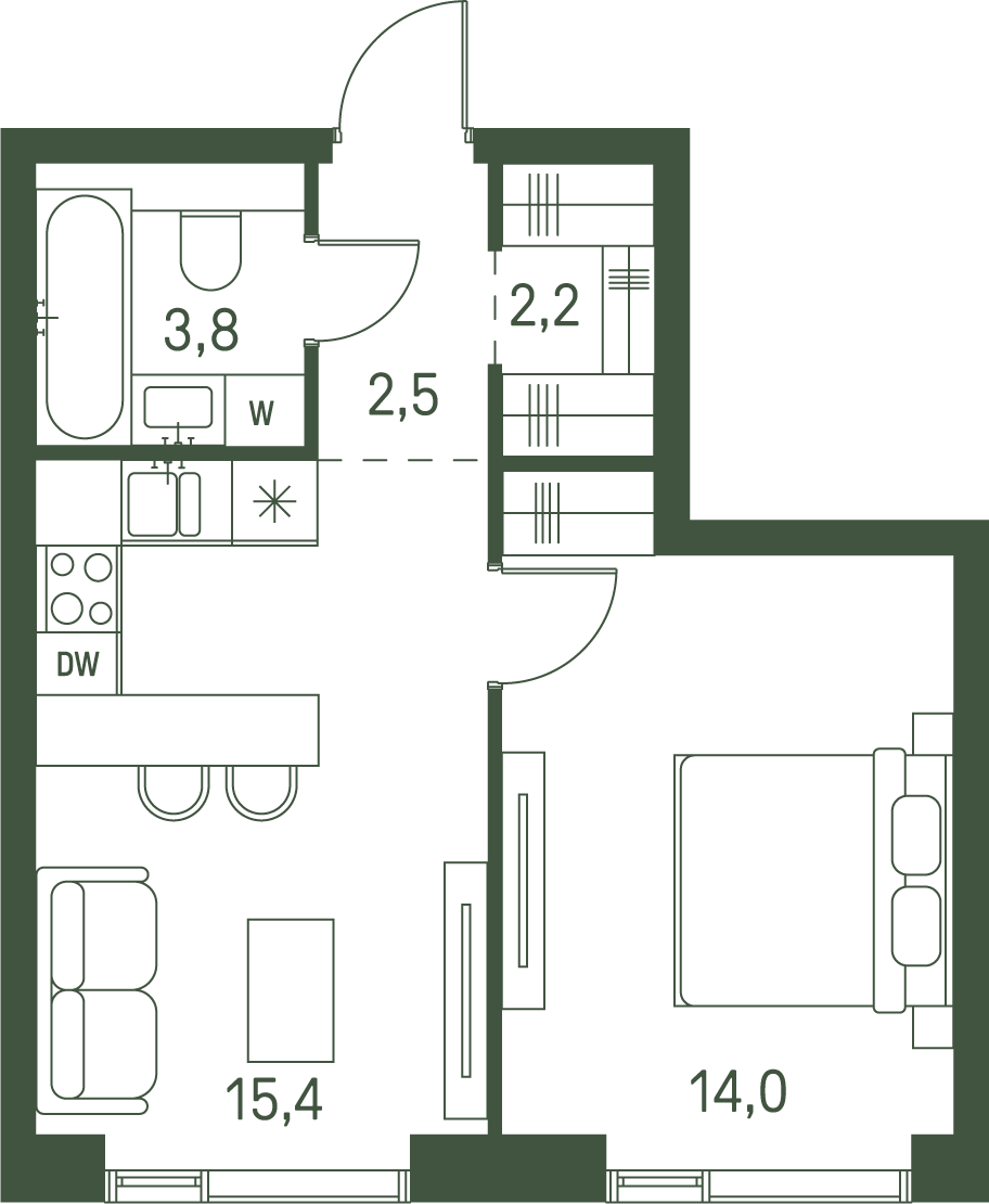 1 комн. квартира, 37.9 м², 15 этаж 