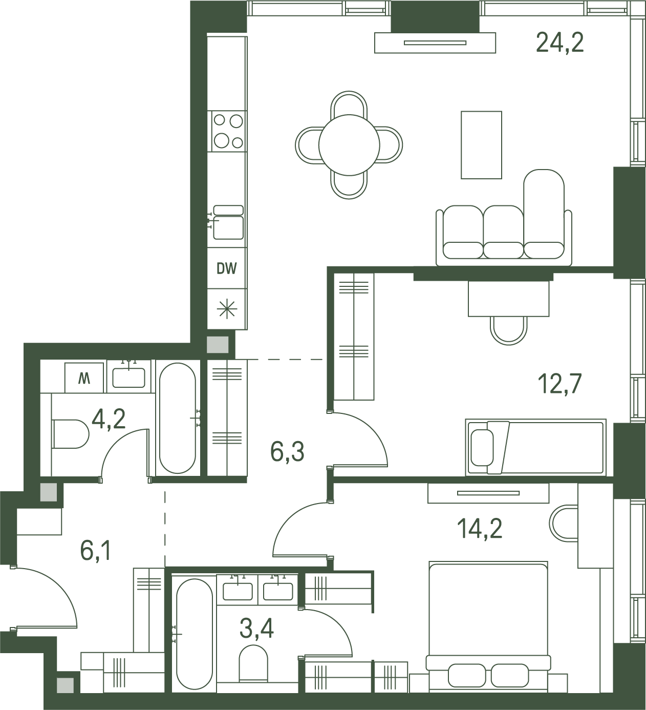 2 комн. квартира, 71.1 м², 33 этаж 