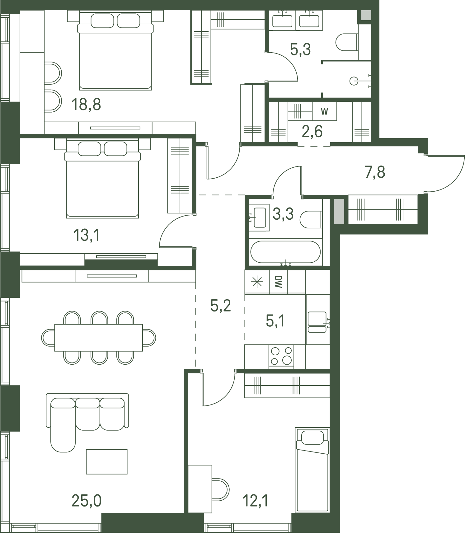 3 комн. квартира, 98.3 м², 8 этаж 