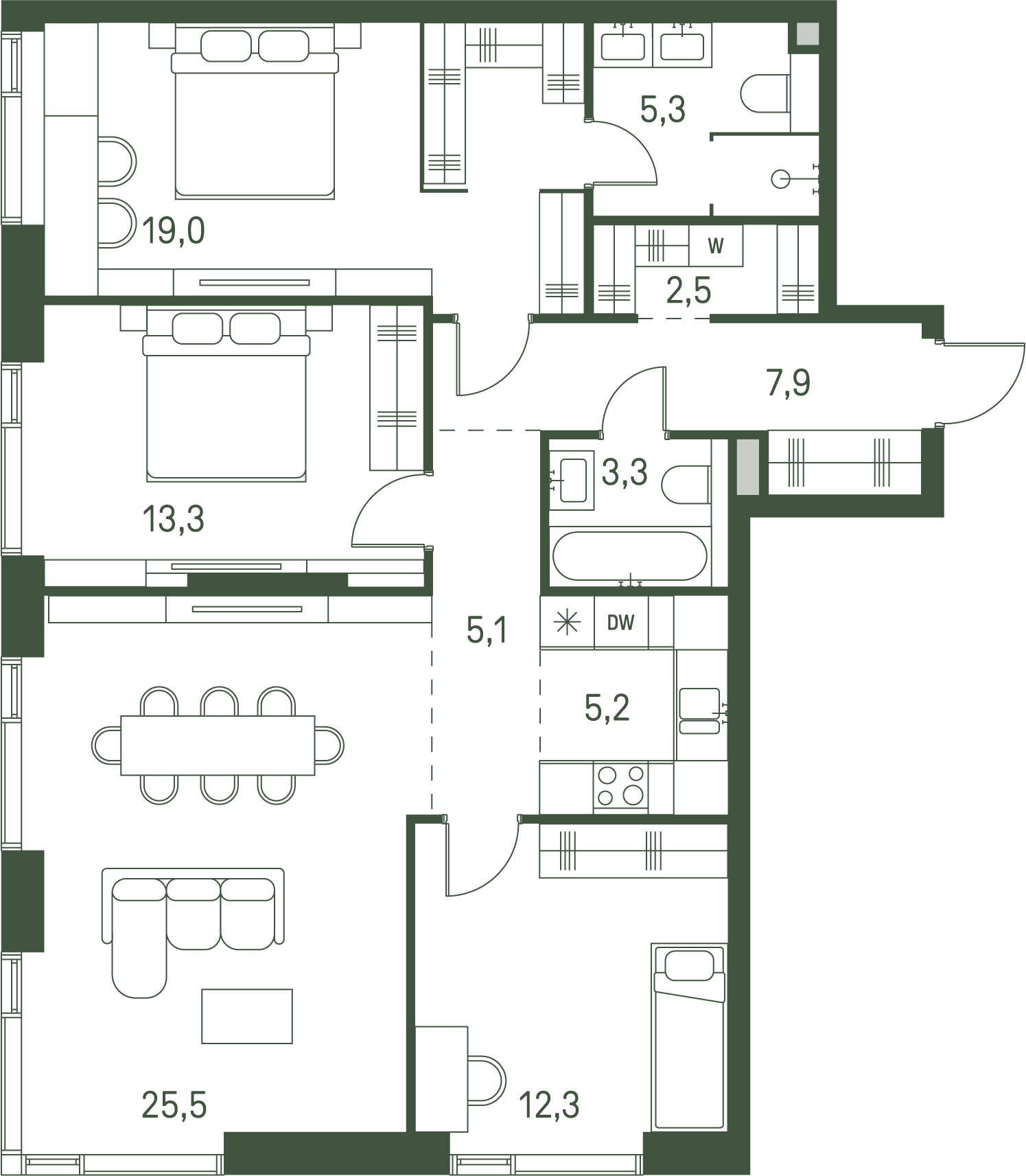 3 комн. квартира, 99.4 м², 15 этаж 