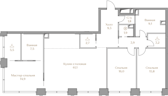 3 комн. квартира, 132.7 м², 2 этаж  (из 18)