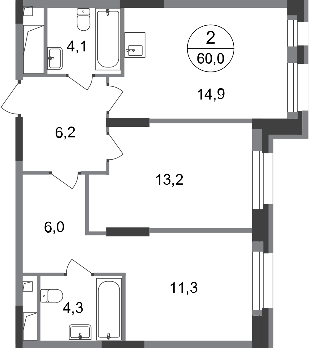 2 комн. квартира, 60 м², 17 этаж  (из 20)