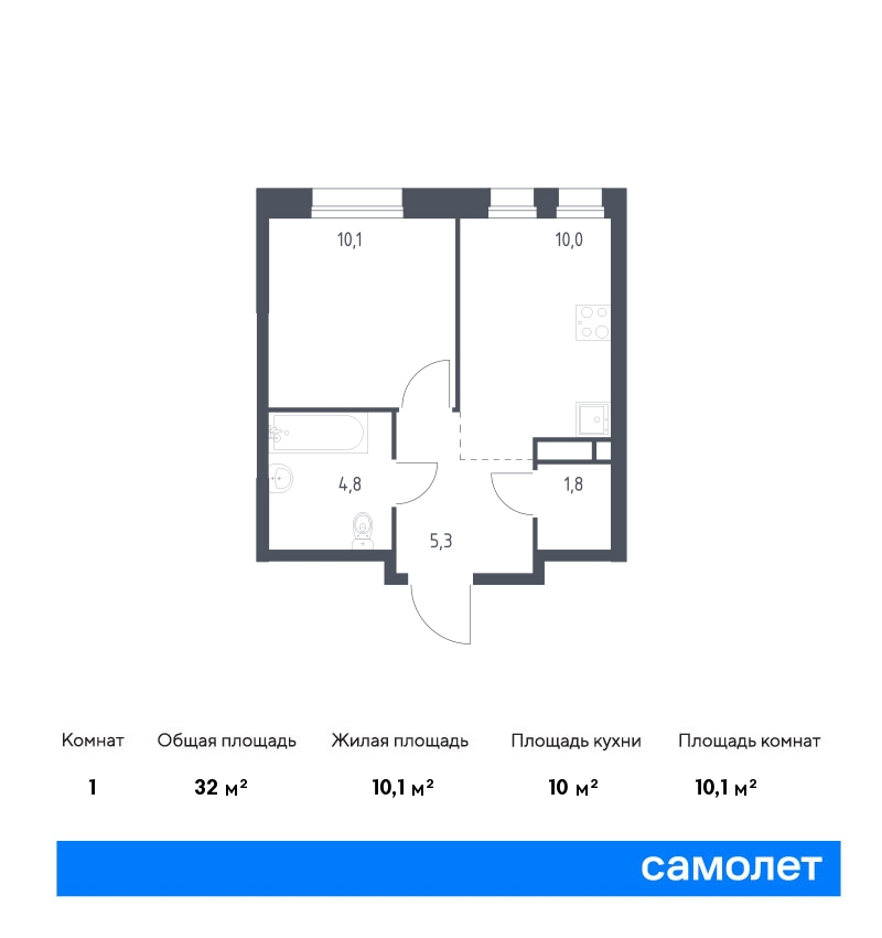 1 комн. квартира, 32 м², 2 этаж  (из 16)