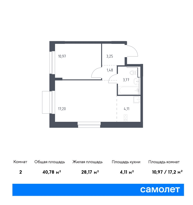 1 комн. квартира, 40.8 м², 9 этаж  (из 9)