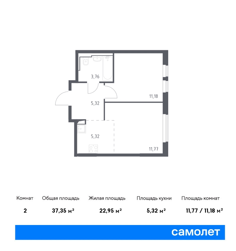 1 комн. квартира, 37.4 м², 8 этаж  (из 14)