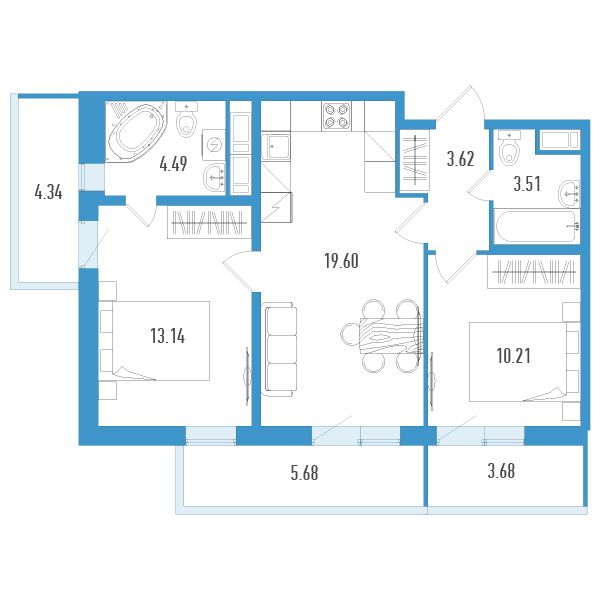 1 комн. квартира, 58.7 м², 12 этаж 