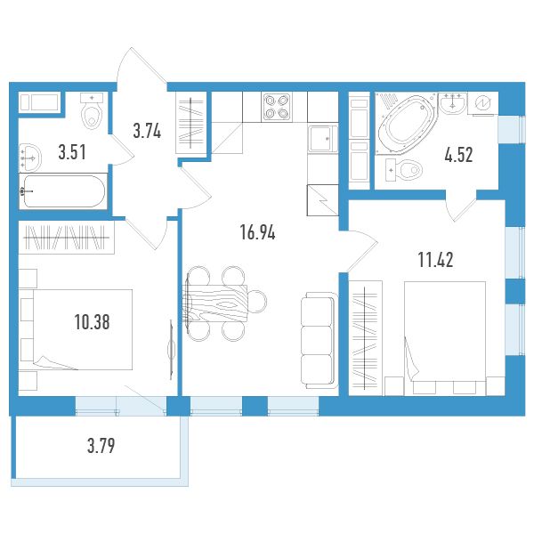 1 комн. квартира, 51.6 м², 9 этаж 