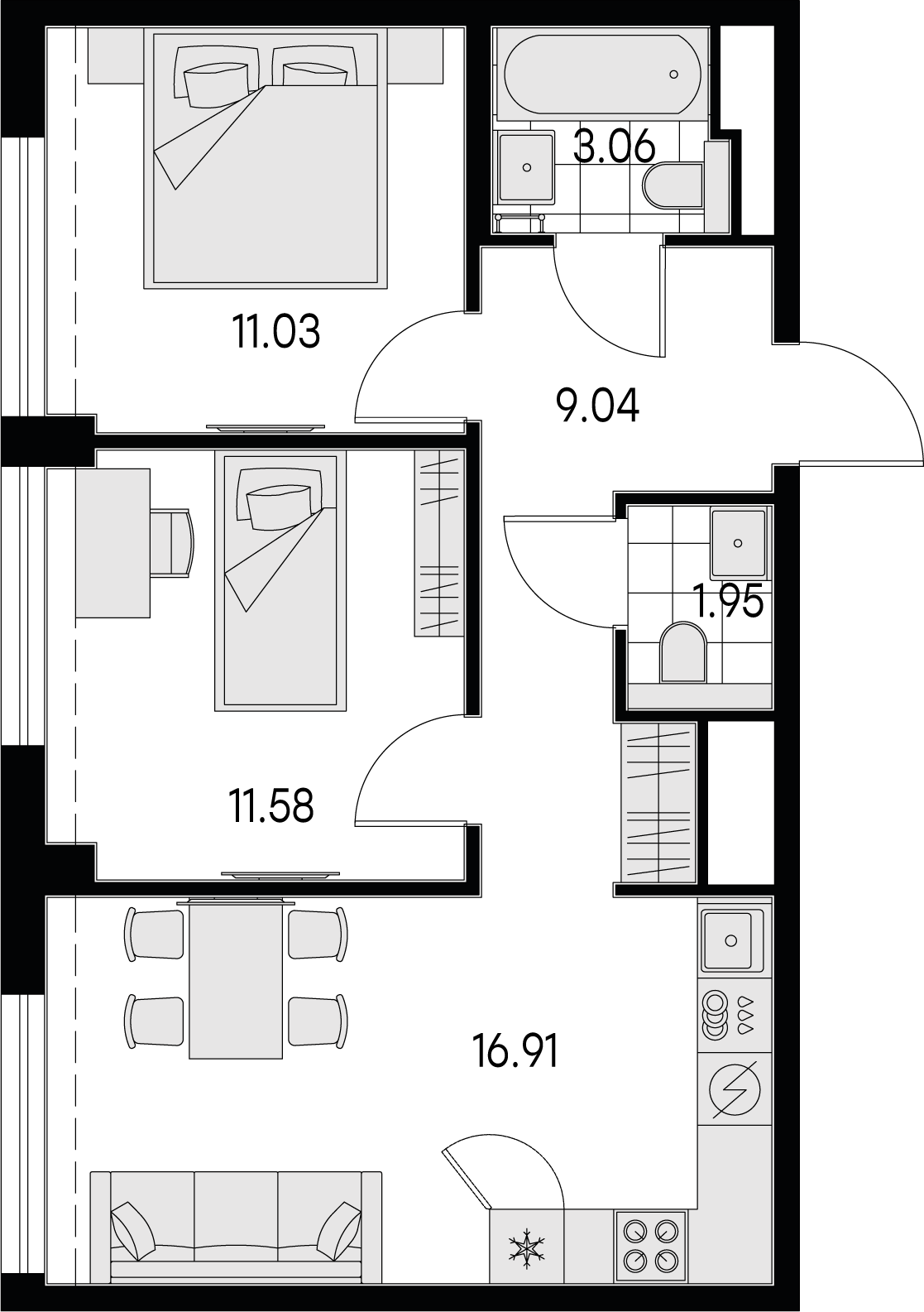 1 комн. квартира, 53.6 м², 3 этаж 