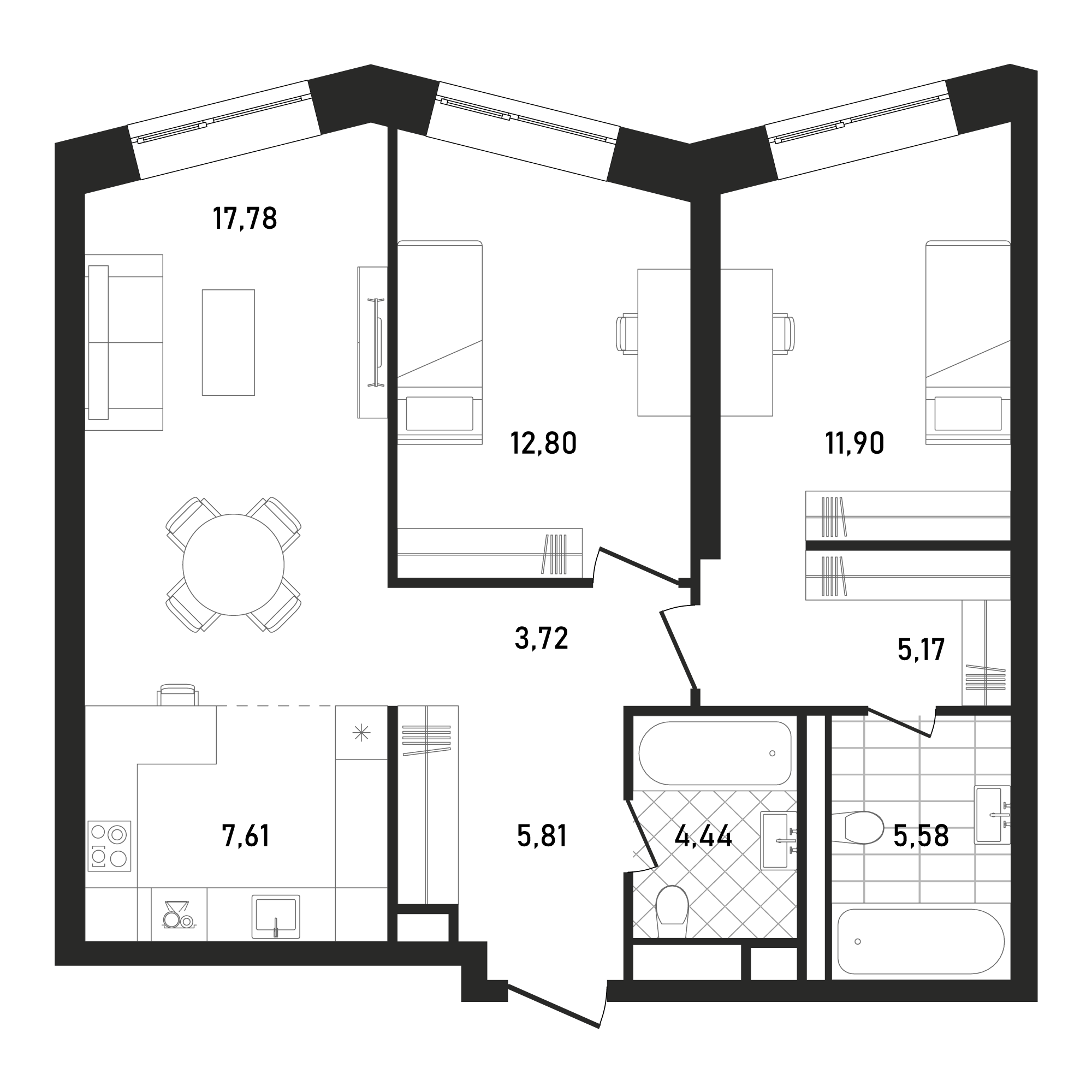 2 комн. квартира, 74.8 м², 13 этаж 