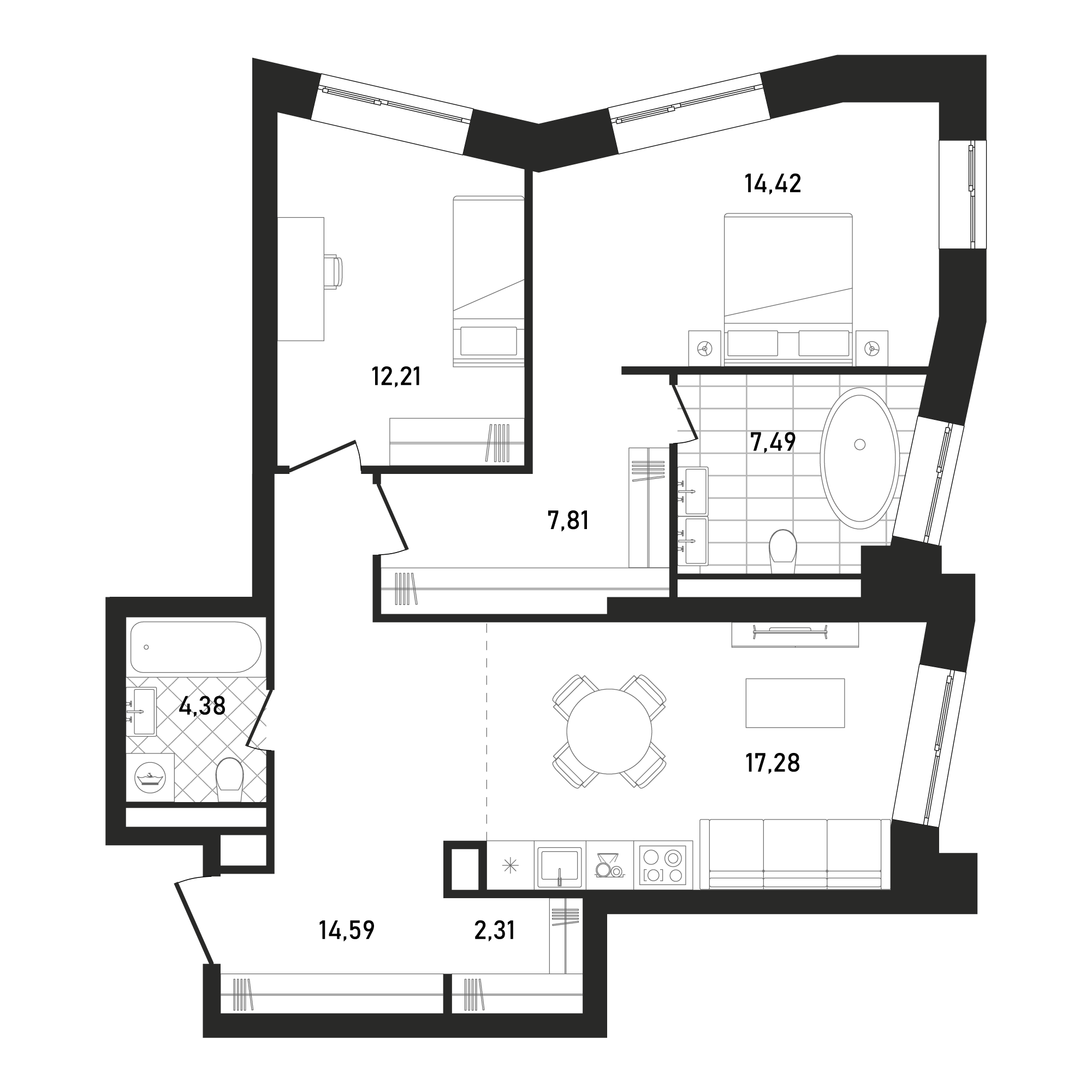 2 комн. квартира, 80.5 м², 11 этаж 