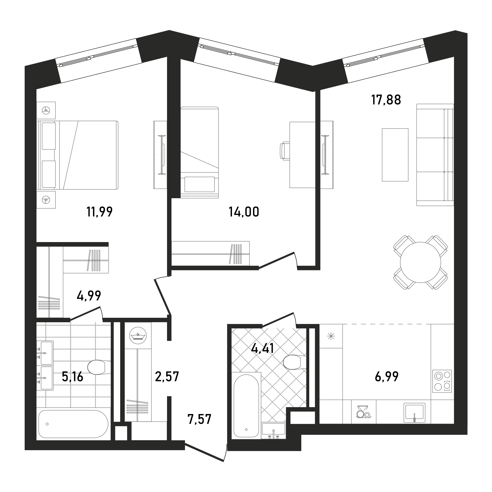 2 комн. квартира, 75.6 м², 20 этаж 