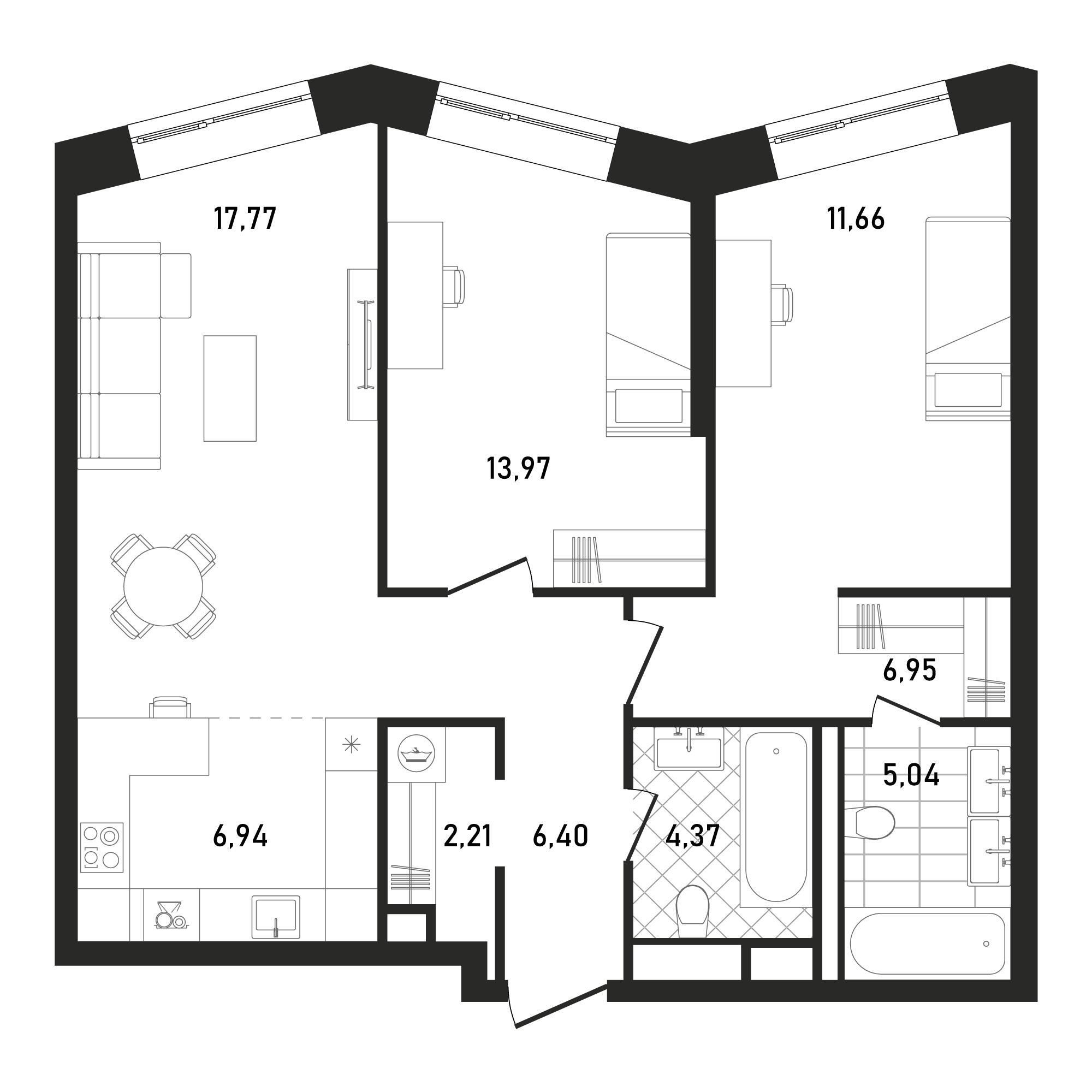 2 комн. квартира, 75.3 м², 22 этаж 