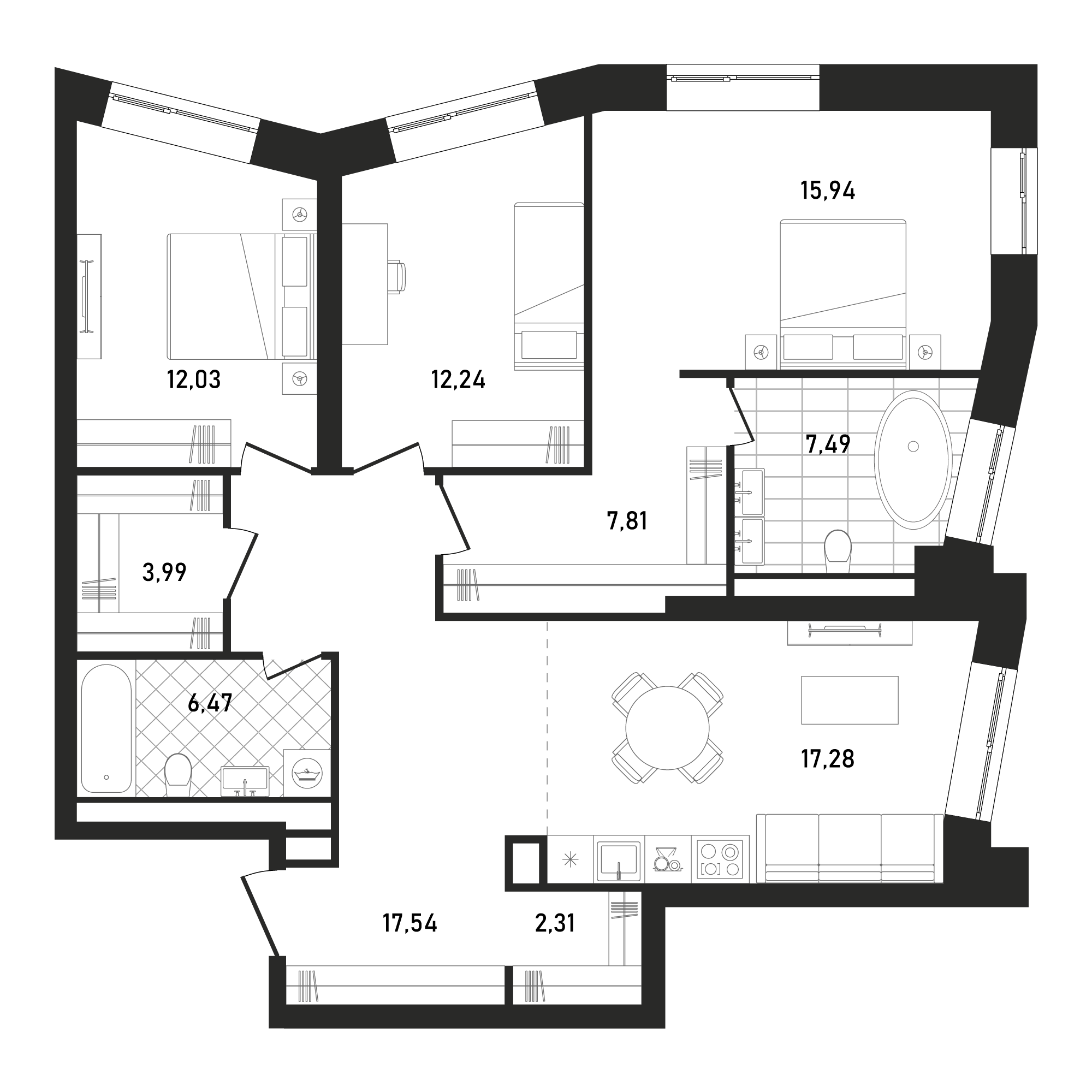 3 комн. квартира, 103.1 м², 14 этаж 