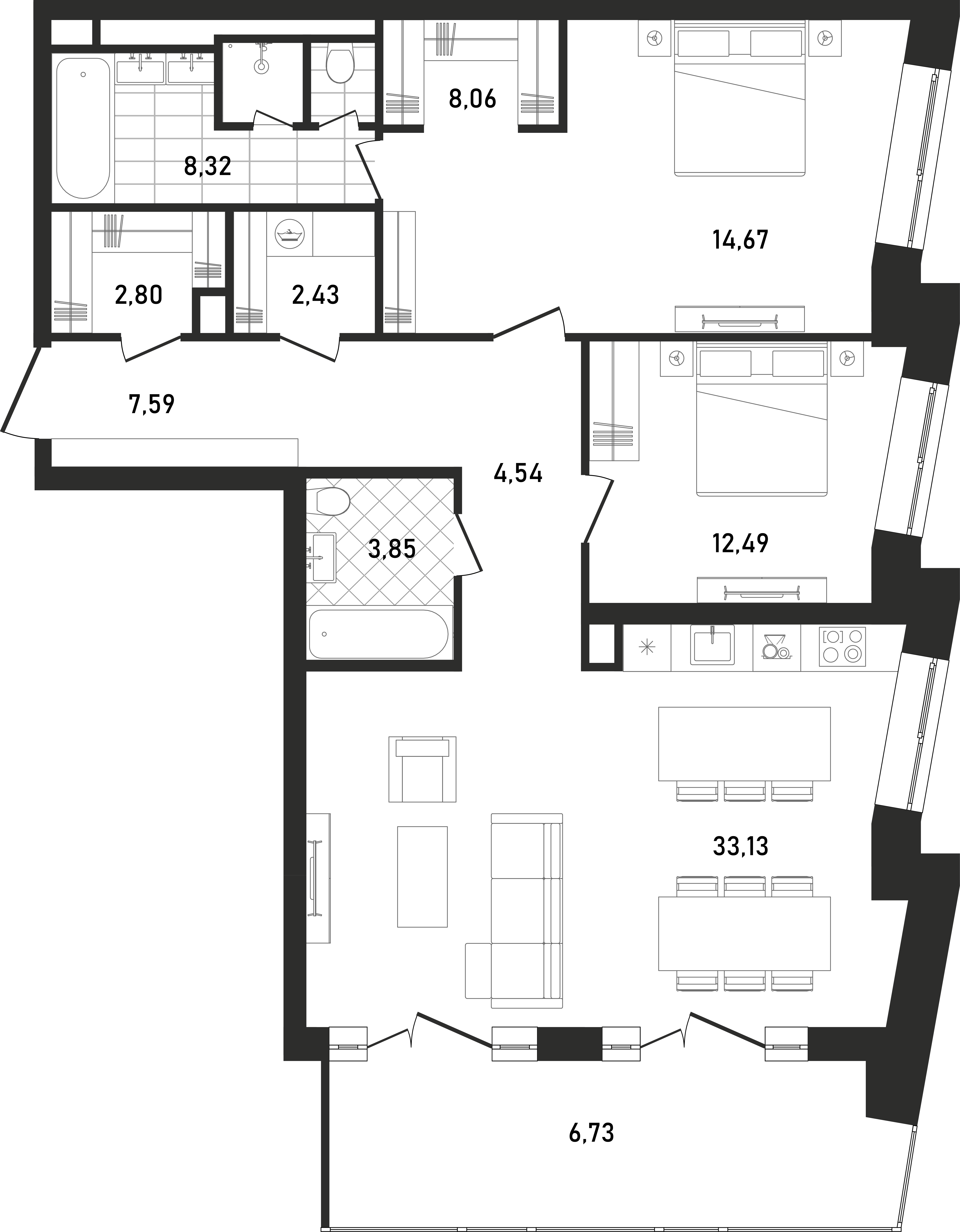 2 комн. квартира, 104.5 м², 19 этаж 