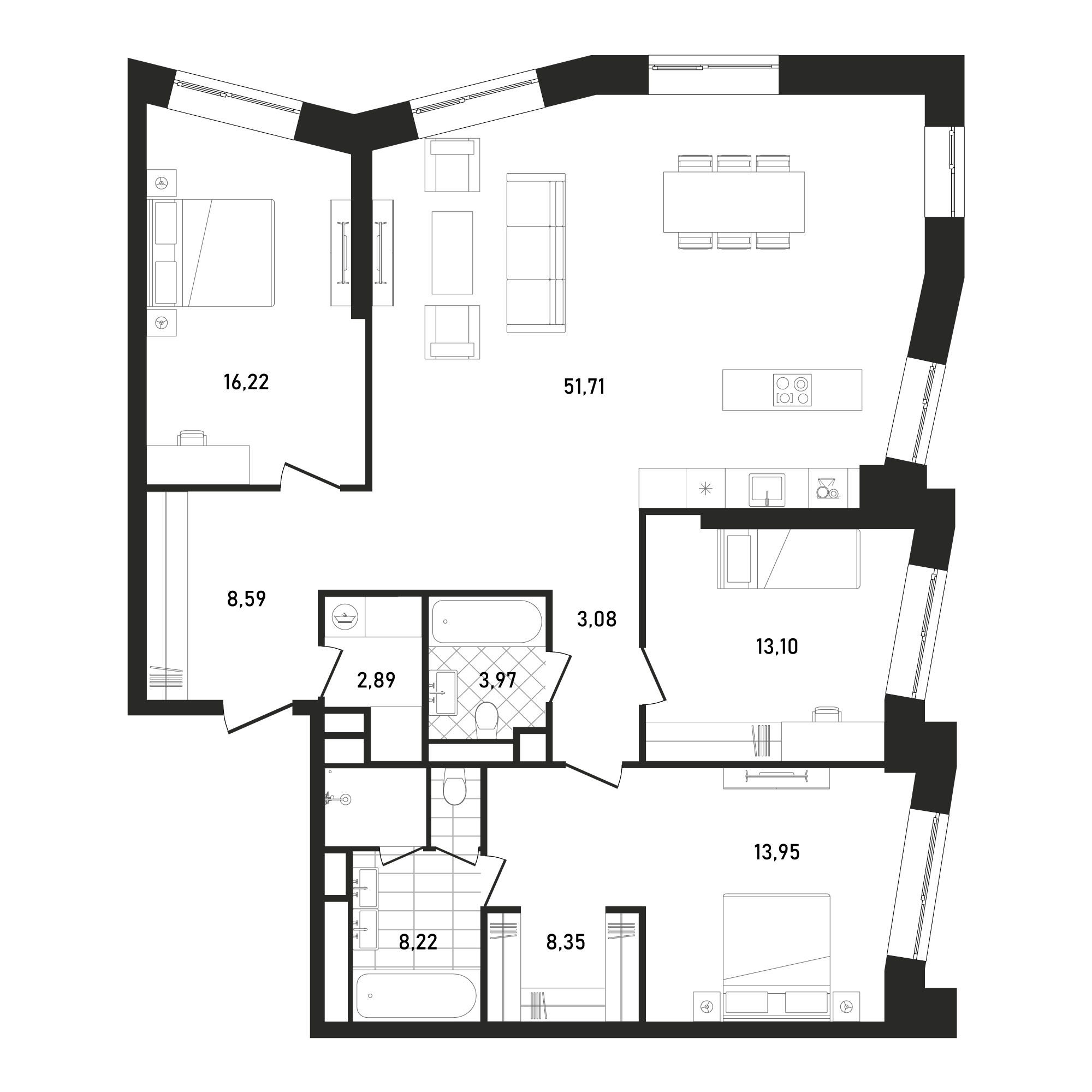 3 комн. квартира, 130.1 м², 21 этаж 