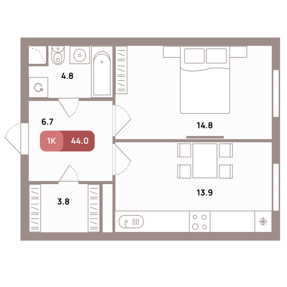 1 комн. квартира, 44 м², 12 этаж 