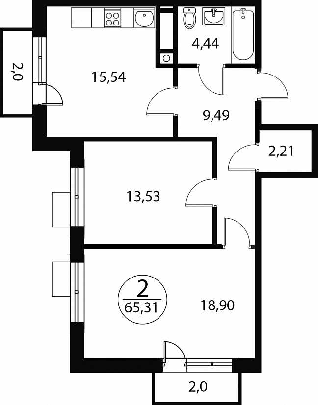 2 комн. квартира, 65.3 м², 4 этаж 