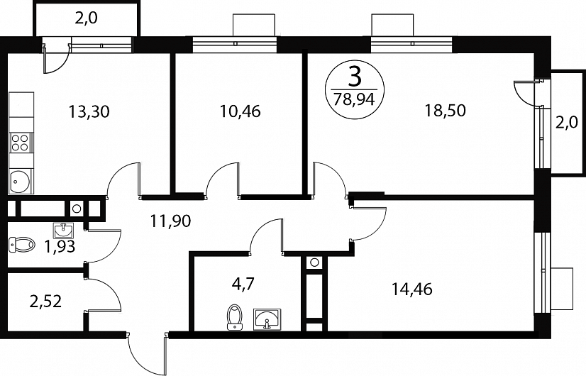 3 комн. квартира, 78.9 м², 1 этаж 