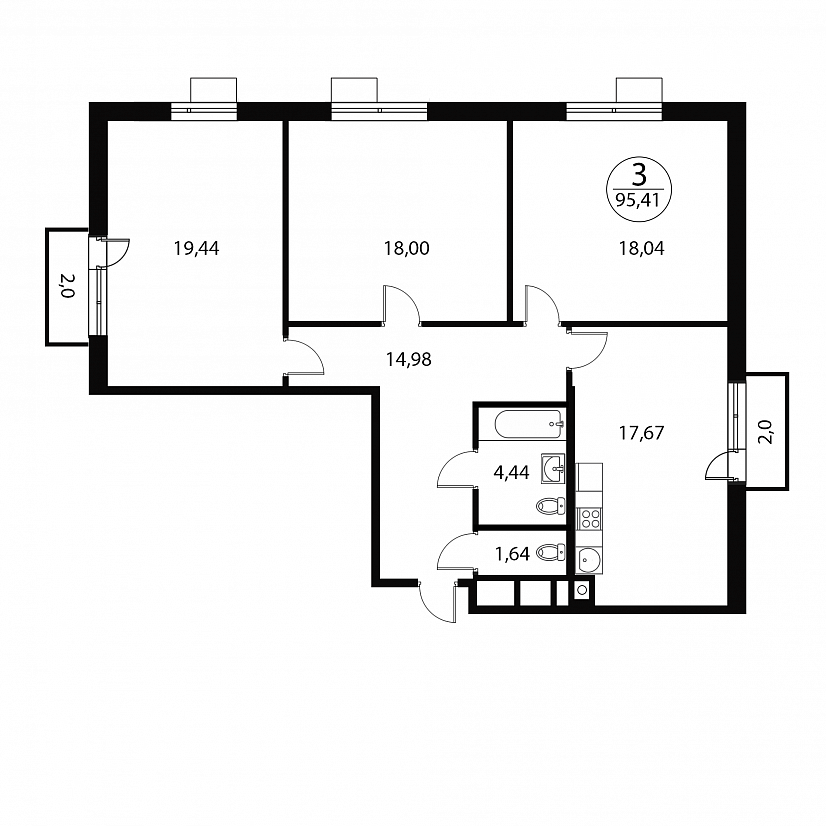 3 комн. квартира, 95.4 м², 4 этаж 