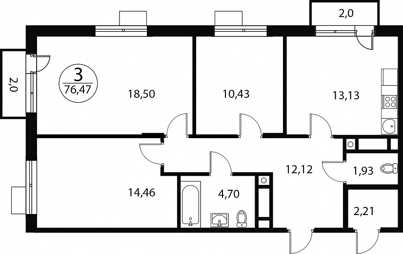 3 комн. квартира, 76.5 м², 3 этаж 