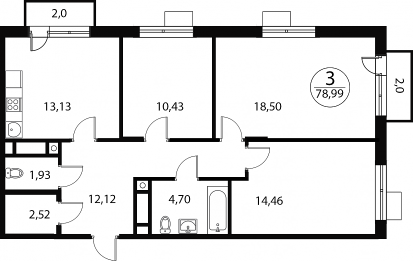 3 комн. квартира, 79 м², 1 этаж 