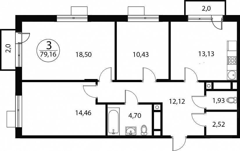 3 комн. квартира, 79.2 м², 3 этаж 