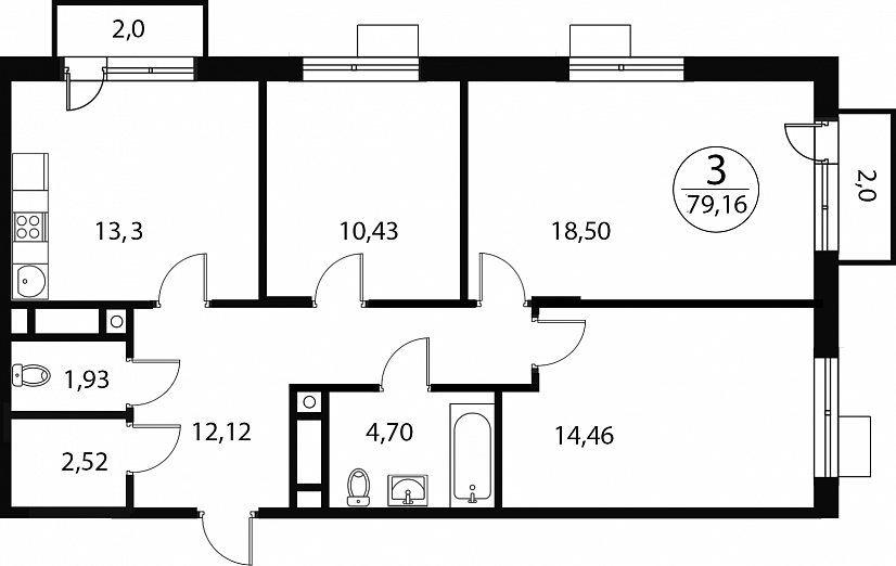 3 комн. квартира, 79.2 м², 1 этаж 