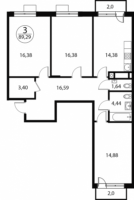 3 комн. квартира, 89.3 м², 3 этаж 